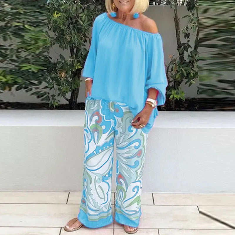 Casual 2-piece Suit Set Women's Sexy Off-shoulder Shirt Blouse Top + Printed Wide-leg Pants Two-piece Suit Spring Autumn 2023
