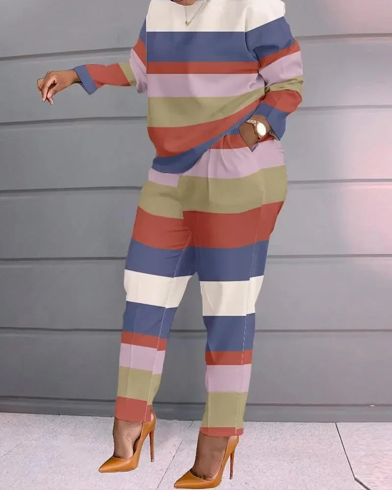 Women Print Two Piece Pant Sets Full Sleeve T Shirts Round Neck Splice Shirt High Waist Trousers Suits Autumn Office Lady