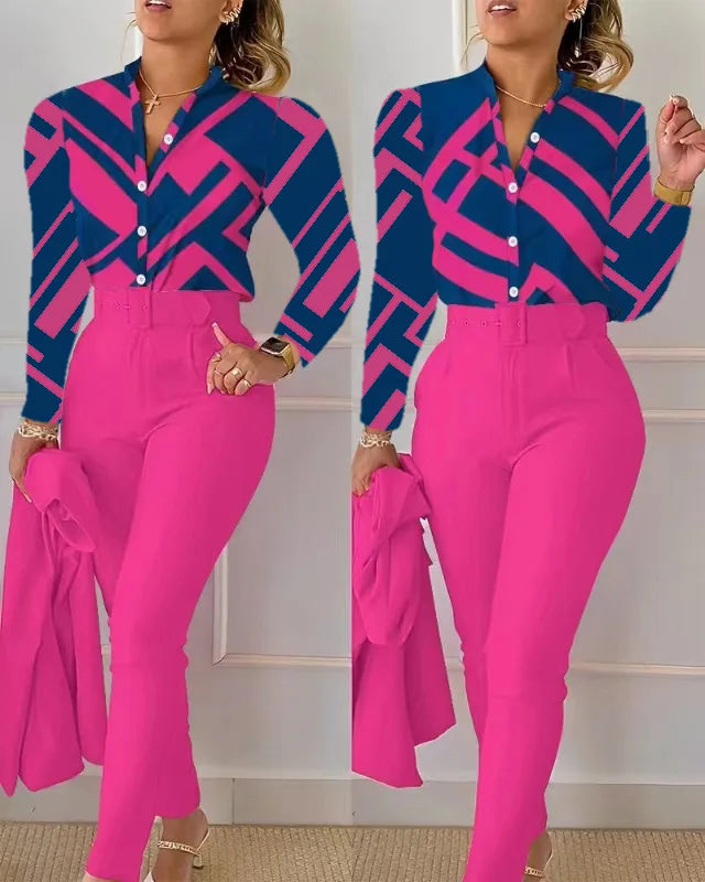 Women's Elegant Autumn/Winter Printed V-Neck Long Sleeve Button Shirt Top Fashion Solid Color Long Pants 2 Piece Set With Belt