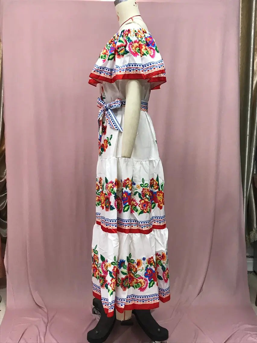 2024 Spring Summer Women's New Sexy One Shoulder Off Shoulder Fashion Red Flower Printed Lace Up Waist Long Swing Dress