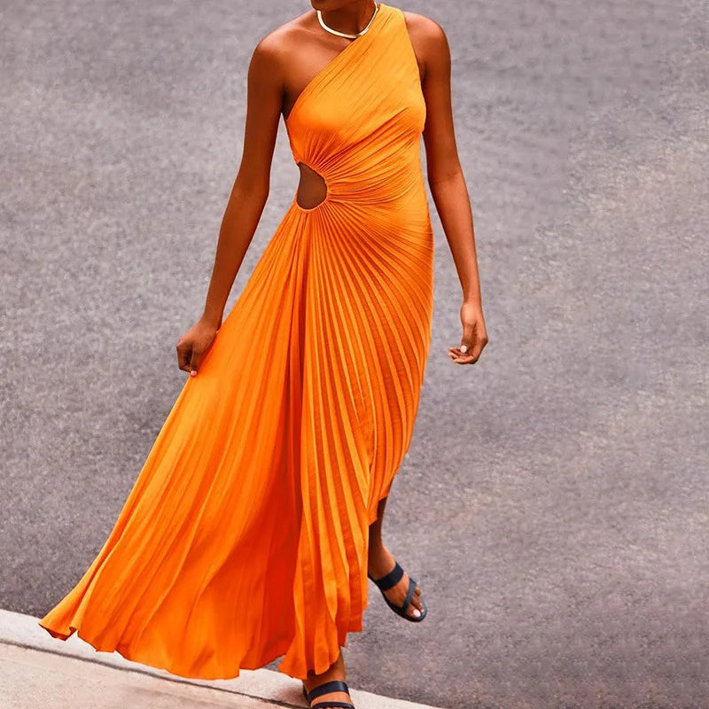 Spring Summer New Dress Women's Fashion Solid Color One Shoulder Slim Fit Dress Women's Sexy Pleated Elegant Party Formal Dress
