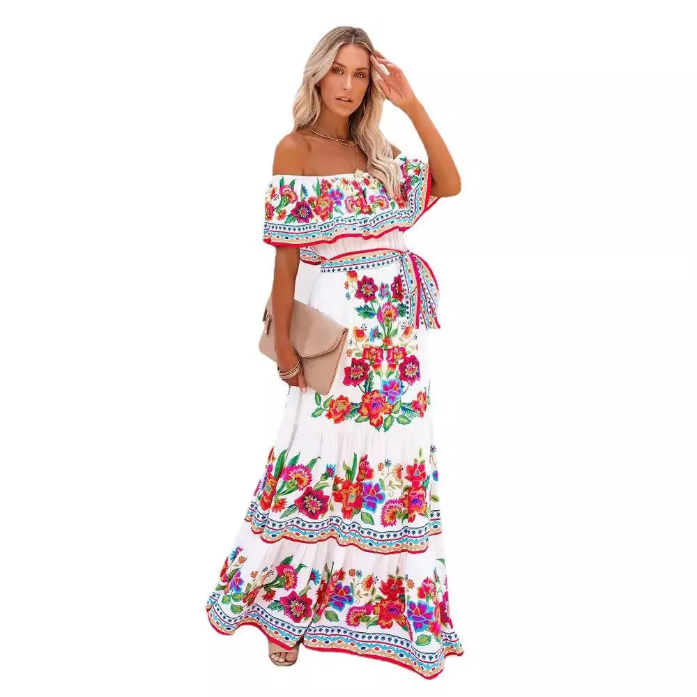 2024 Spring Summer Women's New Sexy One Shoulder Off Shoulder Fashion Red Flower Printed Lace Up Waist Long Swing Dress