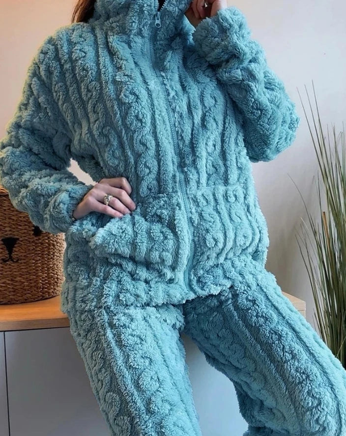 Thickened Warm 2Pcs Pajamas Set Jacquard Textured Stand Collar Zip Up Fuzzy Teddy Top & Pants Set Striped Nightwear Loungewear