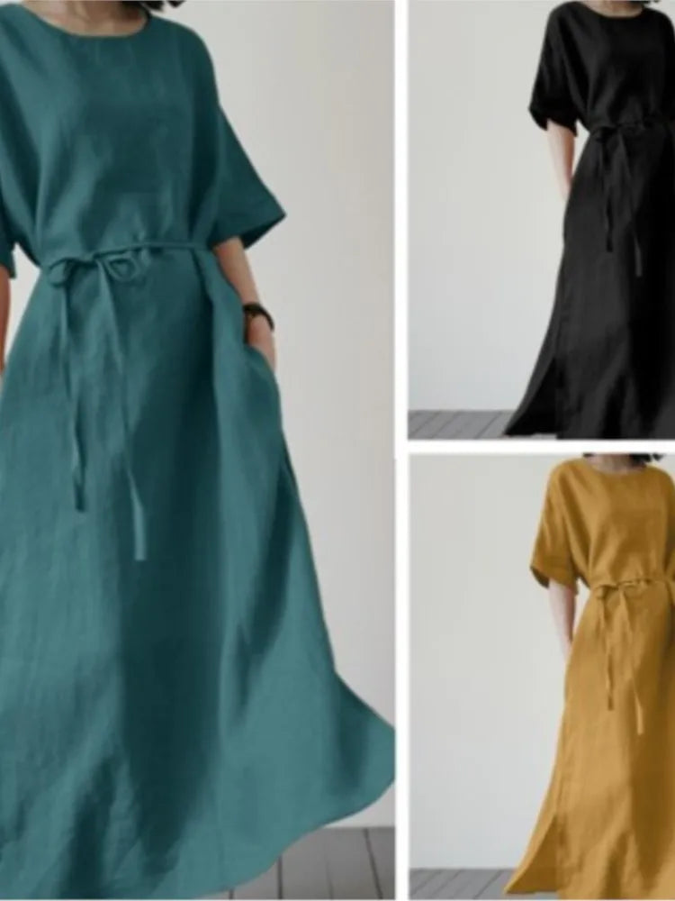 Spring Summer Women's Long Dresses Fashionable Split Hem Skirts Short Sleeves Casual Waistbands Cotton Linen Dresses For Women