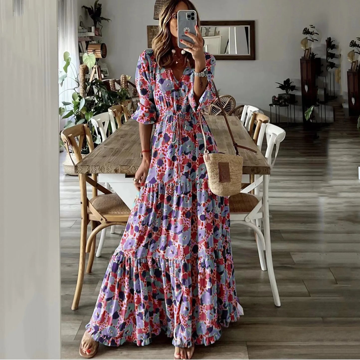 Spring Autumn Flower Print Long Dresses For Women Casual Holiday A-line Beach Dress Fashion Elegant Bohemian Style Maxi Vestidos
