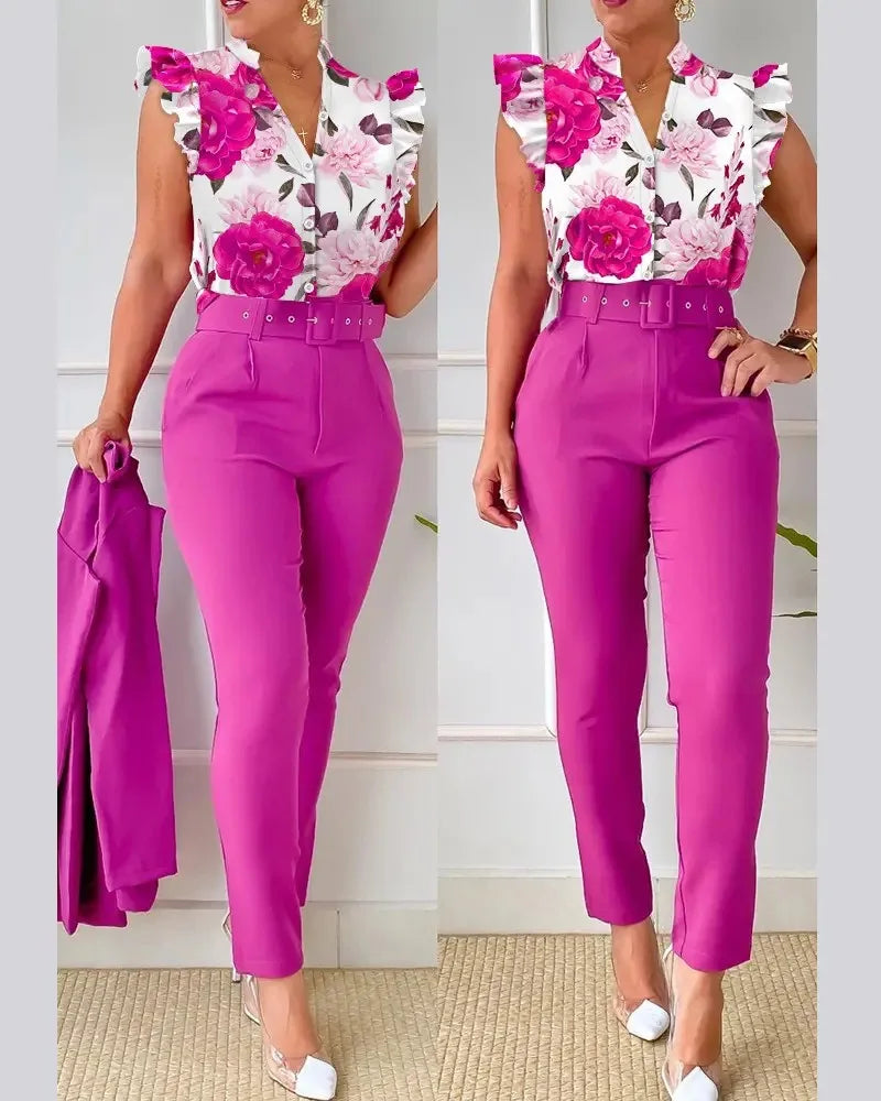 Elegant Women Printed Two Piece Suit Sets Spring Autumn V Neck Short Sleeve Shirt Top & Long Pants Set With Belt Workwear Outfit