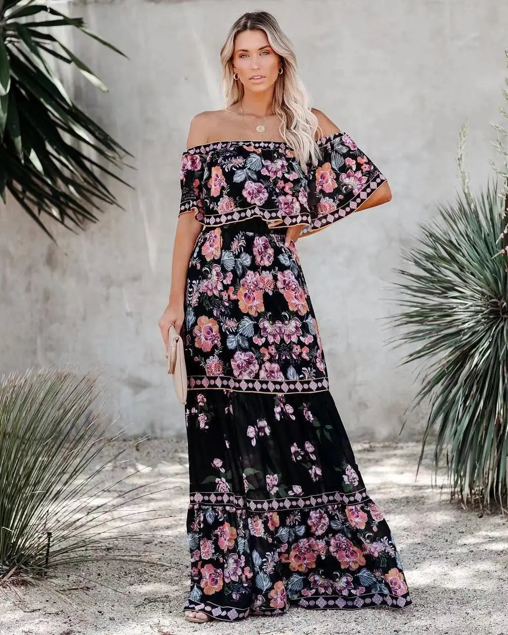 2024 Spring Summer Women's New Sexy One Shoulder Off Shoulder Fashion Red Flower Printed Lace Up Waist Long Swing Dress