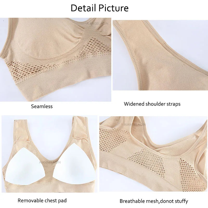 Women's Bra Push Up Seamless Bralette Woman Mesh Hollow Out Breathable Large Size Yoga Running Sports Bras Female Underwear Tops