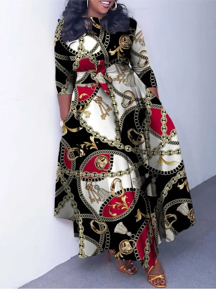 Women's 2024 Autumn New Style Fashionable Elegant Temperament Fashionable Printed Strap Waist Large Skirt Large Size Dress