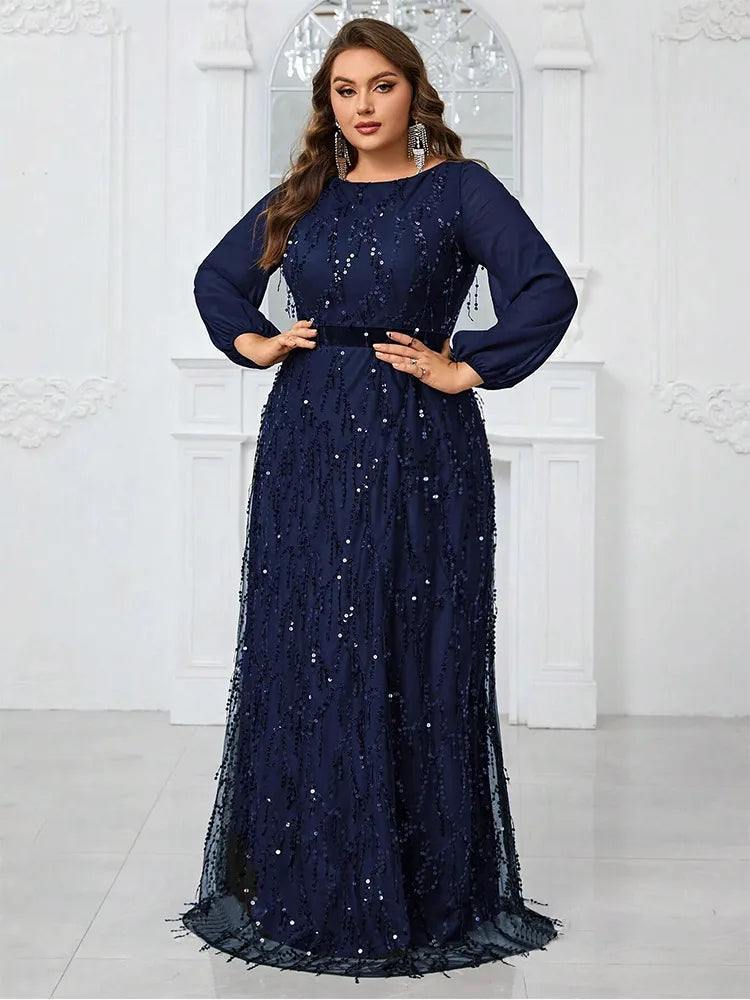 Plus Size Round Neck Black Sparkling Sequins Long Sleeve Floor-Length Evening Gown 4LX 5XL Big Size Marriage Prom Gown Women