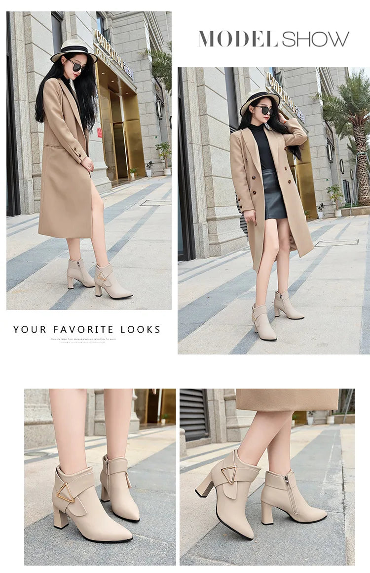 Women's Sexy Heels 2024 Autumn Winter Platform Buckle Pointed Ankle Boots Fashion High Quality Designer Women's Boot Botas Mujer