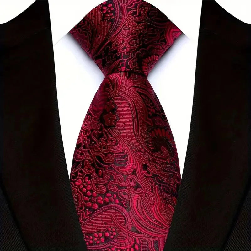 Luxury 8CM Mens Necktie Red Color Solid Stripes Paisley Ties For Man Groom Jacquard Woven Neck Tie For Business Wedding Party