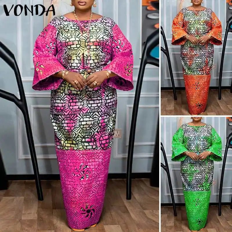 VONDA Women Dresses Bohemian Printed Long Flare Sleeve Vestidos 2024 Causal Sundress Robe Round Neck Loose Robe Oversized