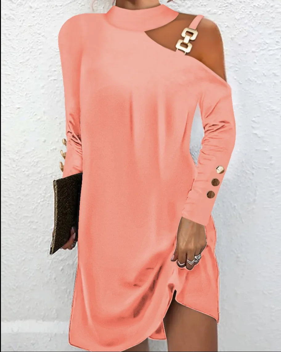 Fashion Women Solid Casual Dress Autumn Winter Female Elegant Long Sleeve Metal Buckle Halter Neck Casual Mini Dress Robe Femme