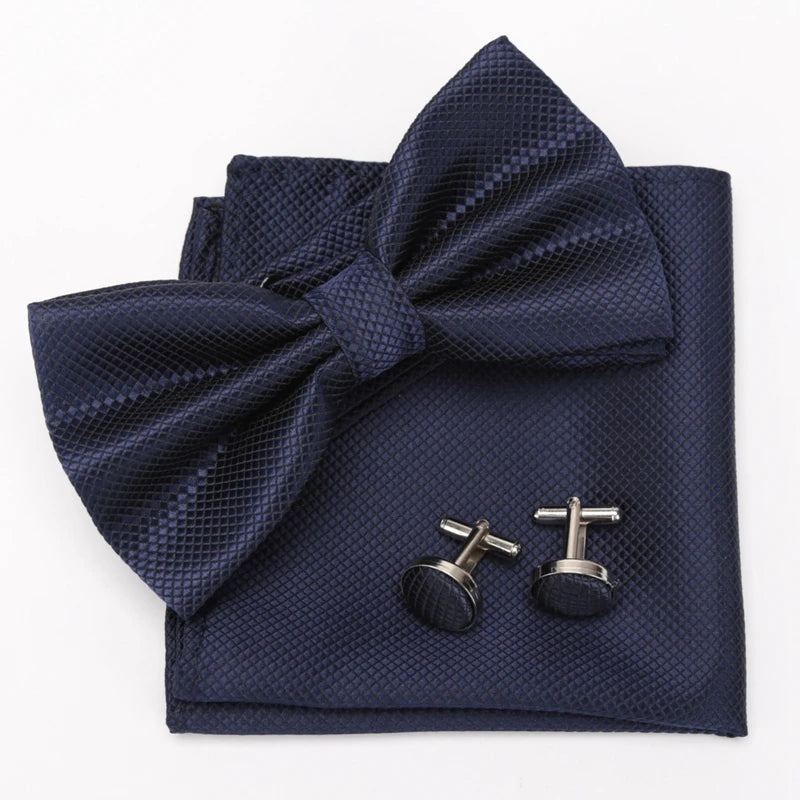 Multicolor Bowtie Pocket Square Cufflinks Sets Classic Solid Color Bowtie Wedding Party Formal Gift Plaids Adjust Neck Bow Tie