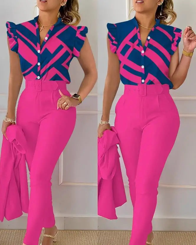 Two Piece Sets Womens Outifits 2023 Summer Fashion Geometric Print Flutter Sleeve Stand Collar Top & Pocket Pants Set with Belt