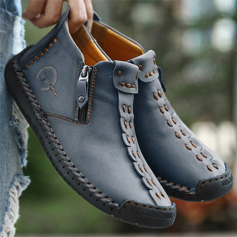 Men's Plus Size Outdoor Fashionable Men's Boots With Side Zipper, Hand Sewn Shoes Suitable For Practical Wear, Classic Men's Casual Shoes