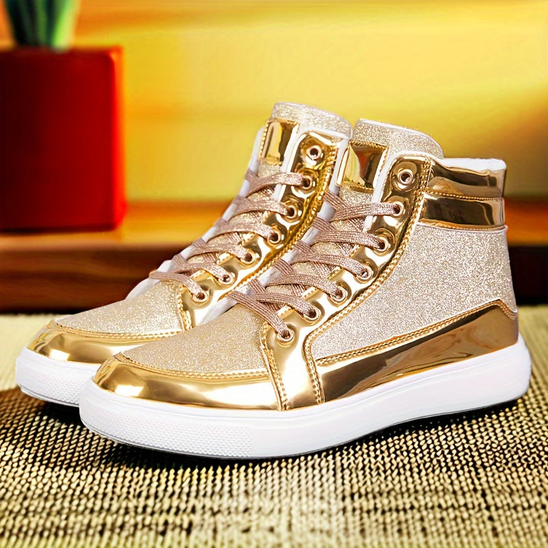 Glitter Gold Men's Shoes, Glitter High Top Fashionable Shiny Sports Shoes, Gold Party Casual Disco Men's Shoes, Silver Glittering Gold, Designer Retro