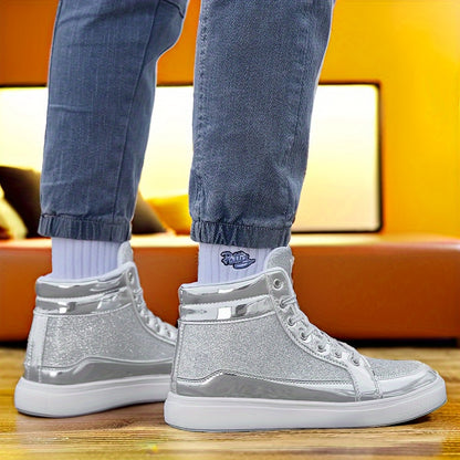 Glitter Gold Men's Shoes, Glitter High Top Fashionable Shiny Sports Shoes, Gold Party Casual Disco Men's Shoes, Silver Glittering Gold, Designer Retro