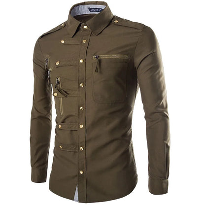Spring Autumn Casual Shirts Men Long Sleeve Square Collar Cargo Shirt Mens Fashion Zippers Slim Fit Solid Color Dress Shirt Man