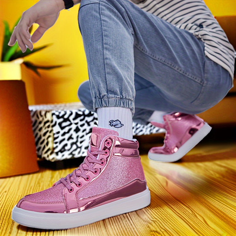 Glitter Gold Men's Shoes, Glitter High Top Fashionable Shiny Sports Shoes, Gold Party Casual Disco Men's Shoes, Silver Glittering Gold, Designer Retro
