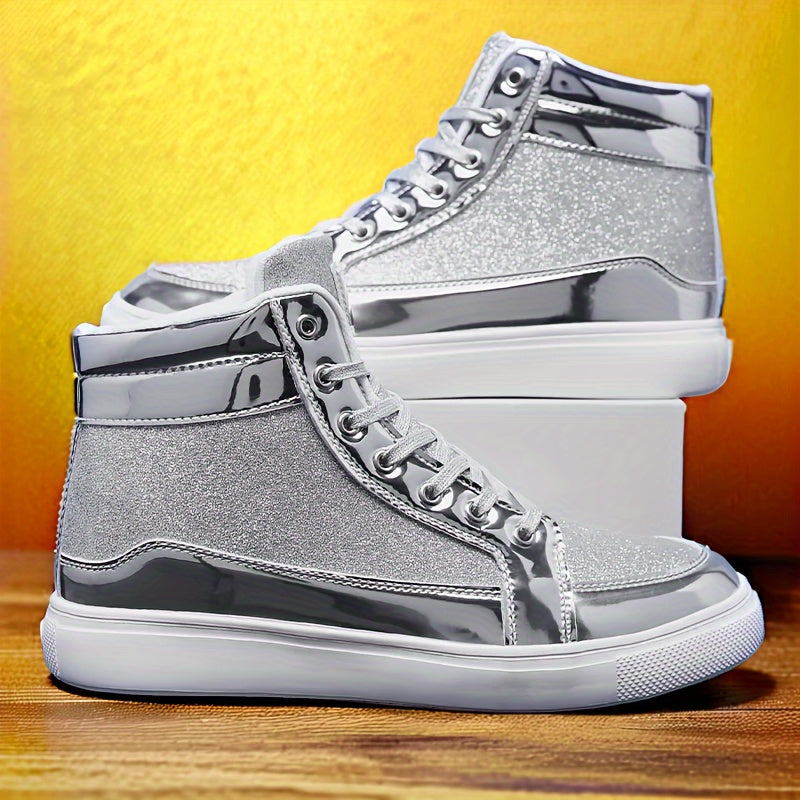 Glitter Gold Men's Shoes, Glitter High Top Fashionable Shiny Sports Shoes, Gold Party Casual Disco Men's Shoes, Silver Glittering Gold, Designer Retro