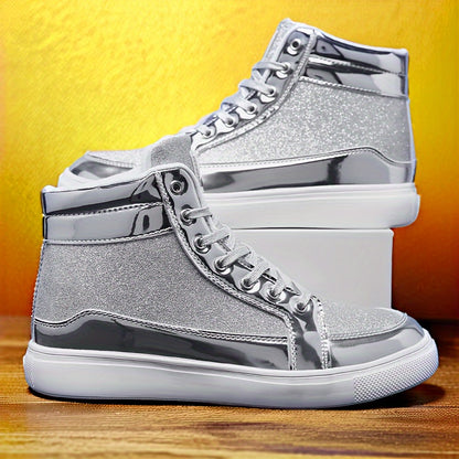 Glitter Gold Men's Shoes, Glitter High Top Fashionable Shiny Sports Shoes, Gold Party Casual Disco Men's Shoes, Silver Glittering Gold, Designer Retro