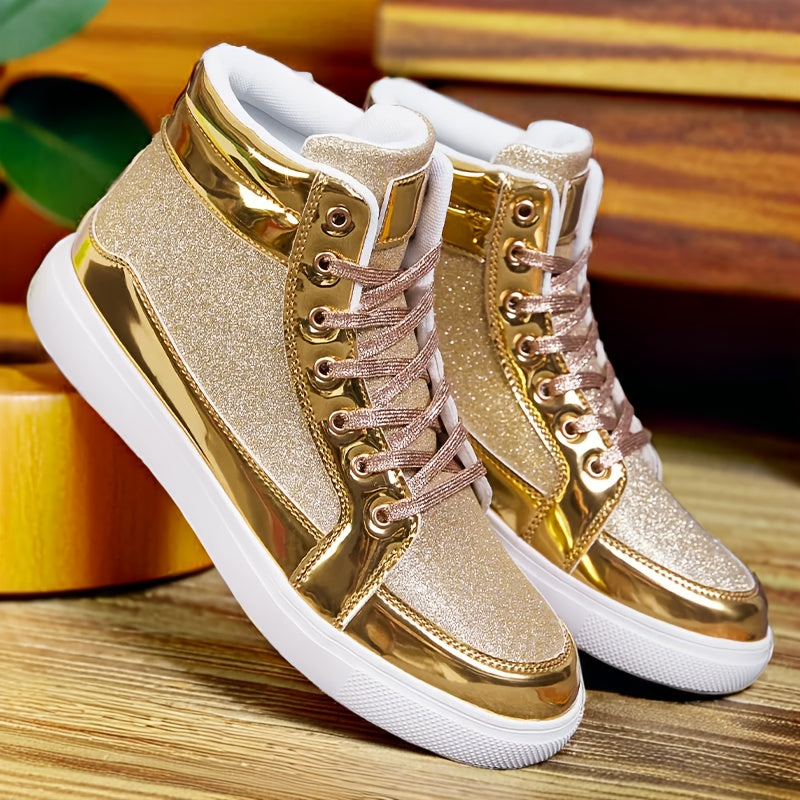 Glitter Gold Men's Shoes, Glitter High Top Fashionable Shiny Sports Shoes, Gold Party Casual Disco Men's Shoes, Silver Glittering Gold, Designer Retro
