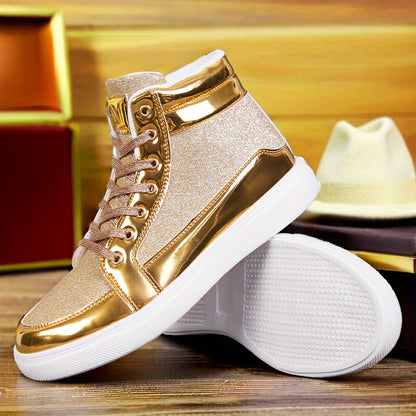 Glitter Gold Men's Shoes, Glitter High Top Fashionable Shiny Sports Shoes, Gold Party Casual Disco Men's Shoes, Silver Glittering Gold, Designer Retro