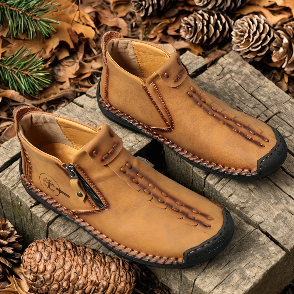 Men's Plus Size Outdoor Fashionable Men's Boots With Side Zipper, Hand Sewn Shoes Suitable For Practical Wear, Classic Men's Casual Shoes