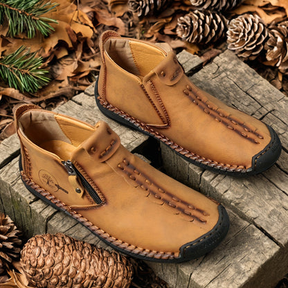 Men's Plus Size Outdoor Fashionable Men's Boots With Side Zipper, Hand Sewn Shoes Suitable For Practical Wear, Classic Men's Casual Shoes