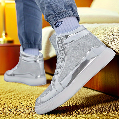 Glitter Gold Men's Shoes, Glitter High Top Fashionable Shiny Sports Shoes, Gold Party Casual Disco Men's Shoes, Silver Glittering Gold, Designer Retro