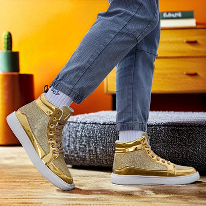 Glitter Gold Men's Shoes, Glitter High Top Fashionable Shiny Sports Shoes, Gold Party Casual Disco Men's Shoes, Silver Glittering Gold, Designer Retro