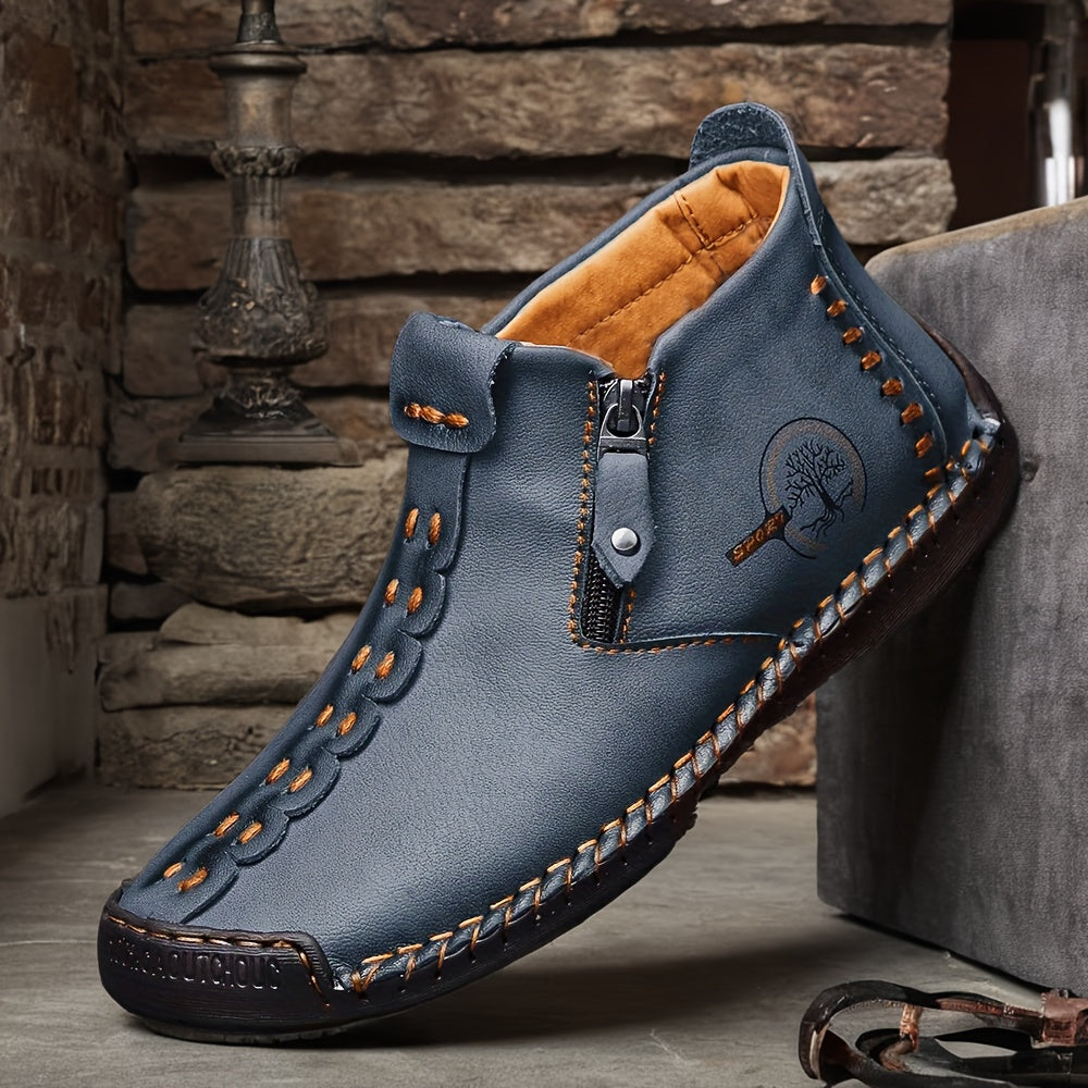 Men's Plus Size Outdoor Fashionable Men's Boots With Side Zipper, Hand Sewn Shoes Suitable For Practical Wear, Classic Men's Casual Shoes