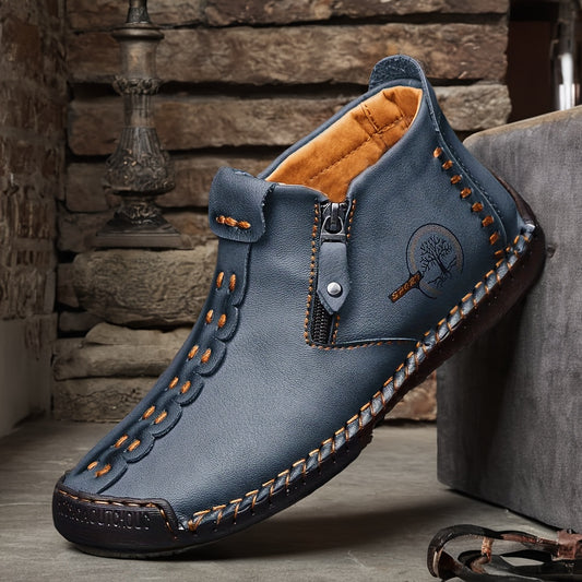 Men's Plus Size Outdoor Fashionable Men's Boots With Side Zipper, Hand Sewn Shoes Suitable For Practical Wear, Classic Men's Casual Shoes