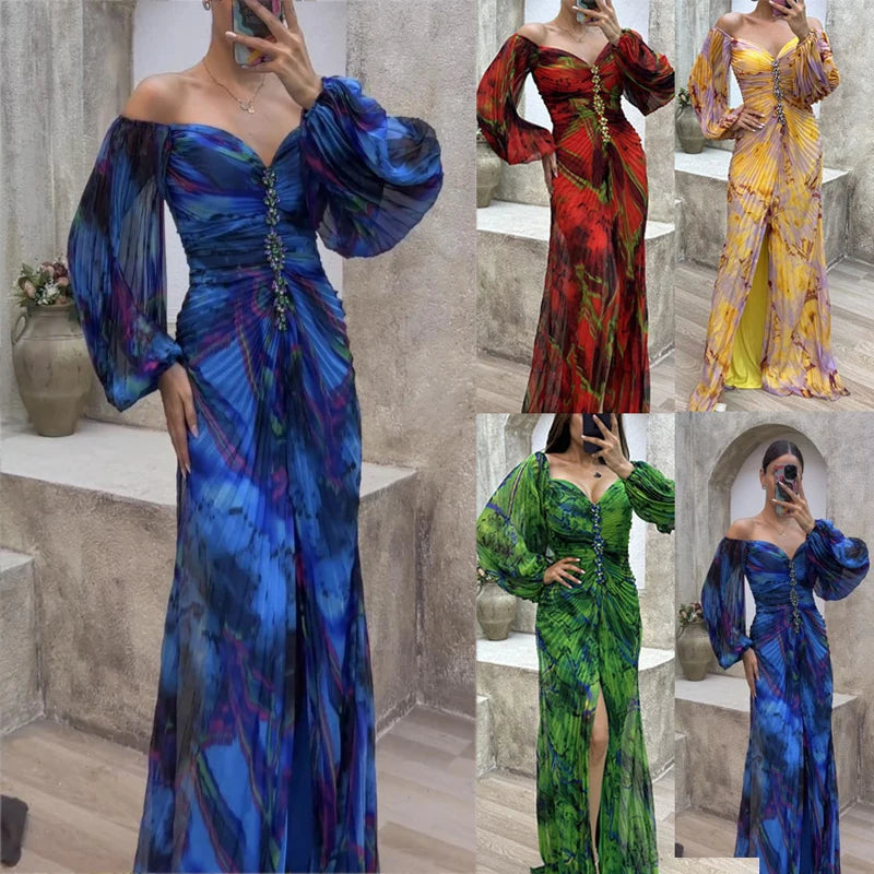 Elegant V Neck Long Sleeve Dress | Vintage Print Pleated Maxi with Sexy Split | Evening Party Patchwork Vestidos