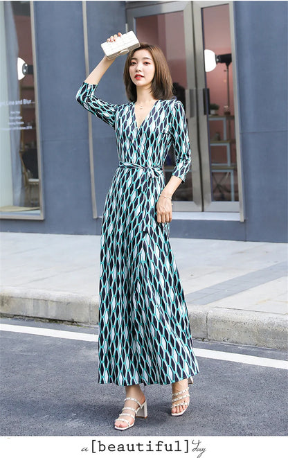 FANIECES Summer Wrap Dresses Women Sexy V Neck Split Maxi Dress Print Female Casual Beachwear Lace Up Party Vestidos Robe платье