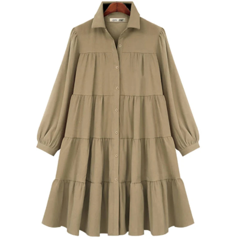 2025 Spring Women Casual Shirt Dresses Loose Office Lady Work Vestidos Soild Color Plus Size 4XL Female Pleated Dress Robe KE211