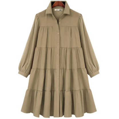 2025 Spring Women Casual Shirt Dresses Loose Office Lady Work Vestidos Soild Color Plus Size 4XL Female Pleated Dress Robe KE211