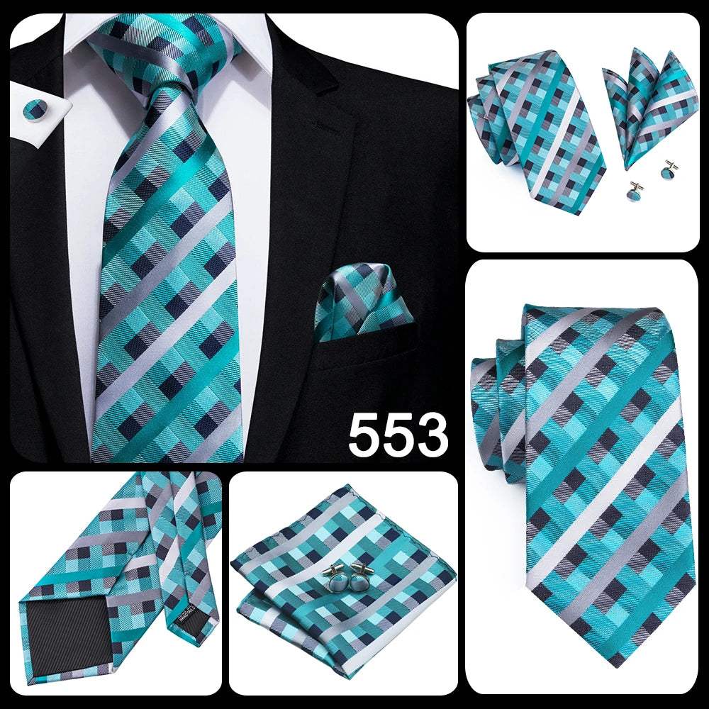 Hi-Tie Designer Silk Wedding Tie For Men Blue White Plaid Handky Cufflink Set Fashion Necktie For Men Business Party Wholesale
