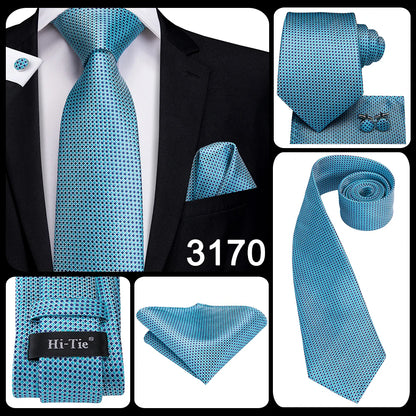 Hi-Tie Light Blue Solid Silk Wedding Nicktie For Men Hanky Cufflink Gift Men Tie Set Business Party Dropshipping Novelty Design