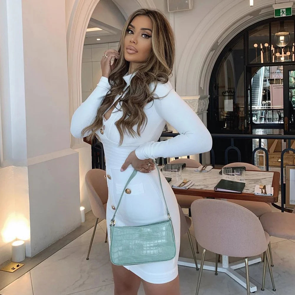 Women's Button Long Sleeve Hollow Out Bandage Dress Mini Black White Bodycon 2022 Spring Elegant Sexy Club Evening Party Dresses