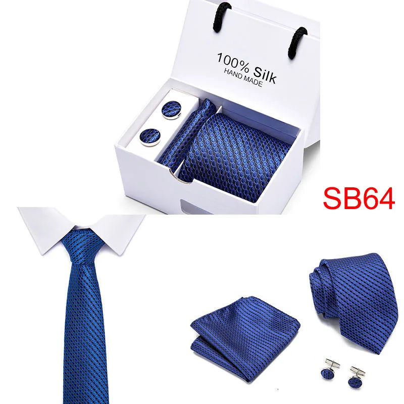 2023 100% Silk Jacquard Necktie White Geometric Tie Hanky Cufflink Set Ties For Men Gravatas Business Wedding Party Wholesale