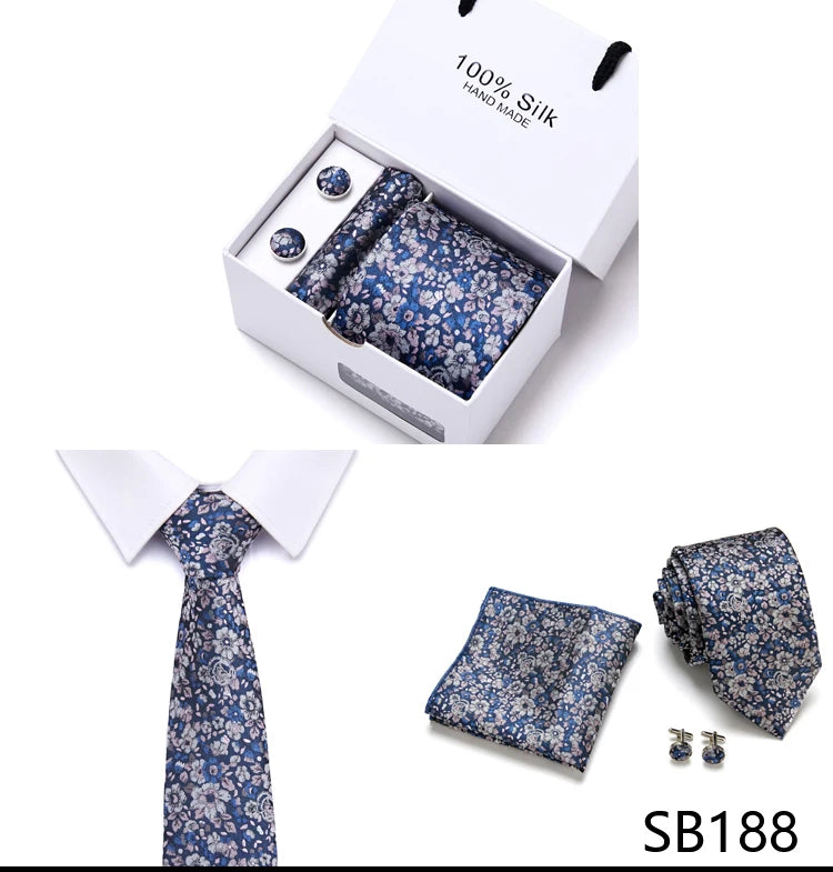 Brand 100% Silk Ties Gift box Office  Men Classic Party Wedding striped 7.5cm Silk Wedding  Floral Tie Necktie Handkerchief Set