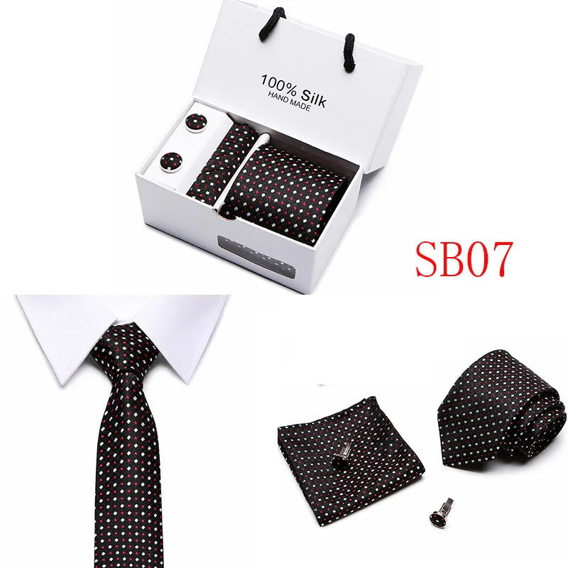 2023 100% Silk Jacquard Necktie White Geometric Tie Hanky Cufflink Set Ties For Men Gravatas Business Wedding Party Wholesale