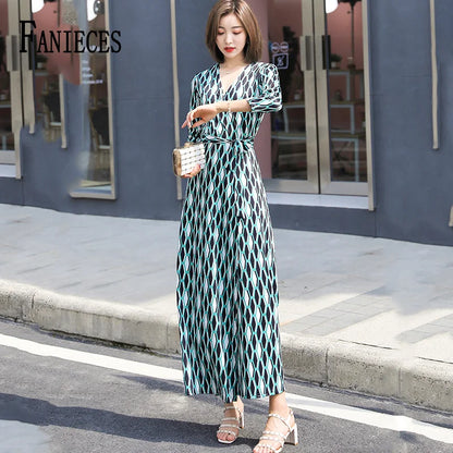FANIECES Summer Wrap Dresses Women Sexy V Neck Split Maxi Dress Print Female Casual Beachwear Lace Up Party Vestidos Robe платье