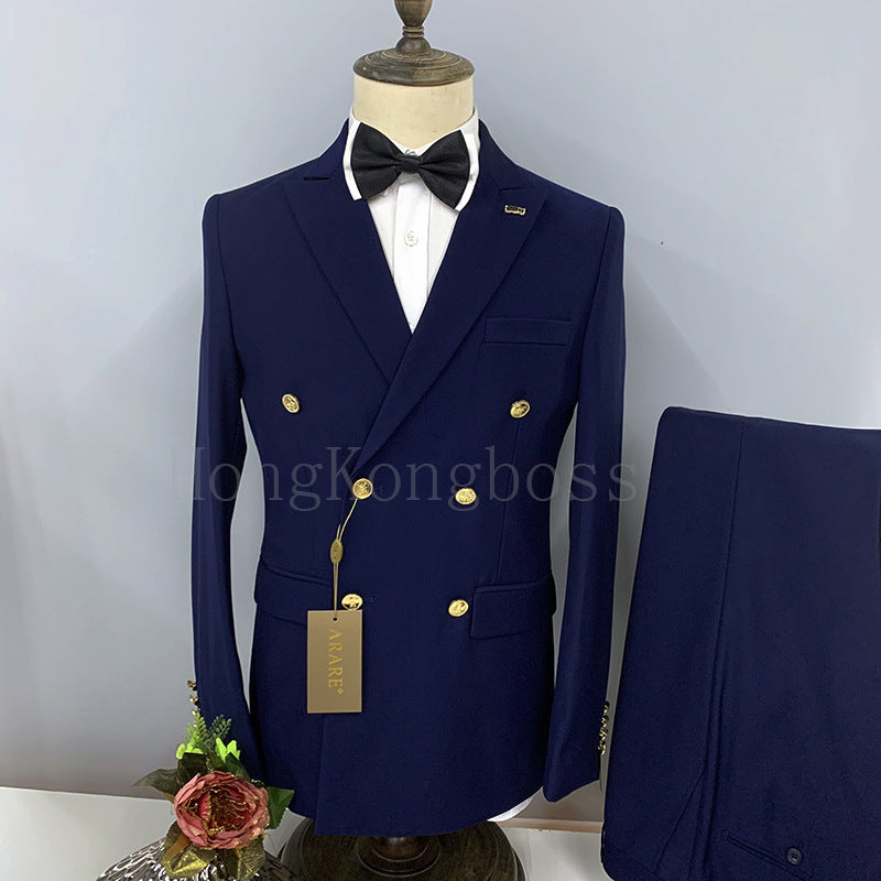 2 Pcs Suit Set Blazers Jacket Pants / Fashion Men Casual Business Pure Color Double Breasted Groom Wedding Formal Dress Suit