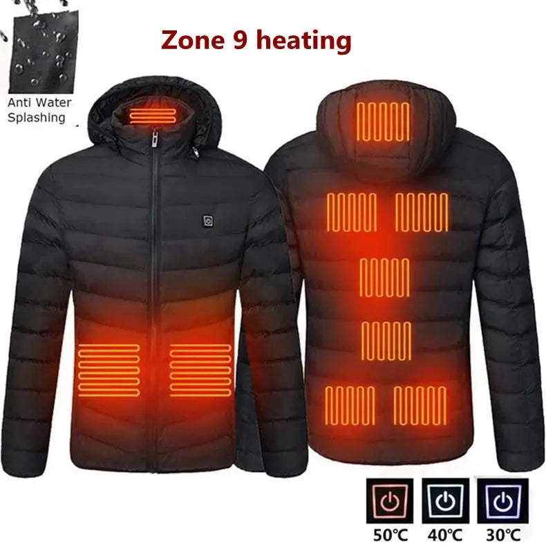 17 PCS heating Men Winter Warm USB Heating Jackets Smart Thermostat Pure Color Hooded Heated Clothing Waterproof  Warm Jackets