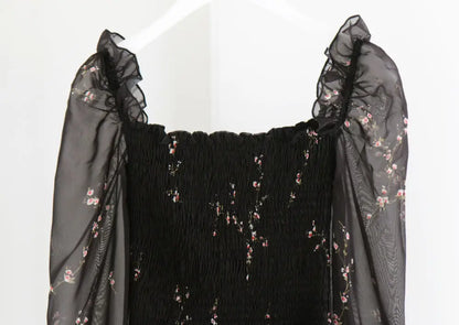 Spring Womens Sexy Black Dress Vintage Flower Long Puff Sleeve Chiffon Dresses Korean Casual Mini Vestidos Mujer Clothes 13676