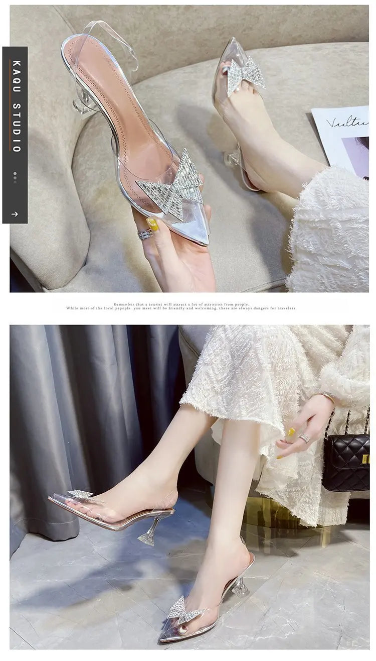 PVC Rhinestone Butterfly Women Sandals High Heels 2021 New Pointy Party Bride Shoes Clear Deisgner Pumps Zapatilla Mujer